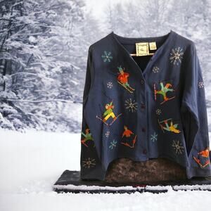 Michael‎ Simon Size LARGE Ski Snowflakes Womens Cropped Sweater Cardigan Winter